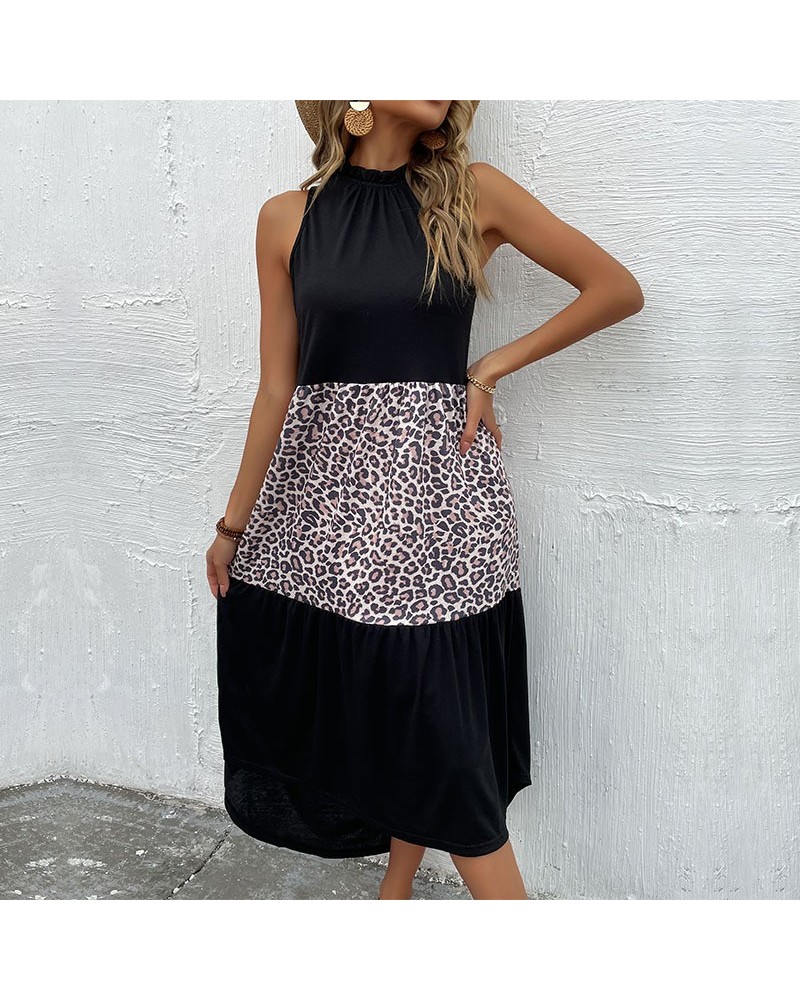 Vestido de patchwork con estampado de leopardo, sin mangas, corte entallado y cuello halter $34.94 Vestido