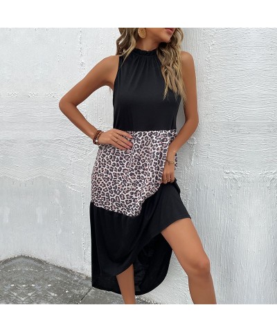 Vestido de patchwork con estampado de leopardo, sin mangas, corte entallado y cuello halter $34.94 Vestido