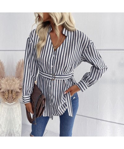 Camisa casual de rayas de longitud media con cuello en V y manga larga $27.30 Camisa de mujer