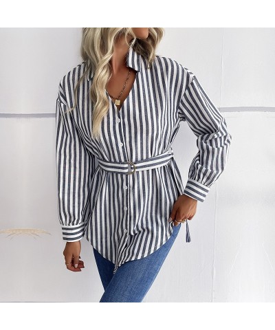 Camisa casual de rayas de longitud media con cuello en V y manga larga $27.30 Camisa de mujer