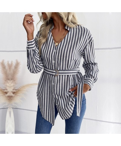 Camisa casual de rayas de longitud media con cuello en V y manga larga $27.30 Camisa de mujer