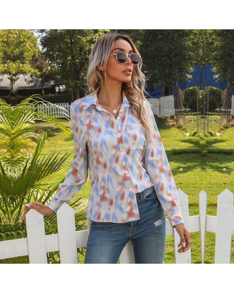 Camisa francesa con diseño de lazo y solapa con efecto tie-dye $23.75 Camisa de mujer