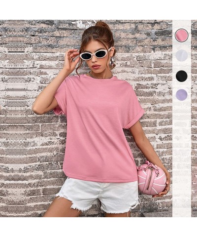 Camiseta básica de color liso de manga corta con cuello redondo para mujer $11.27 Camiseta femenina