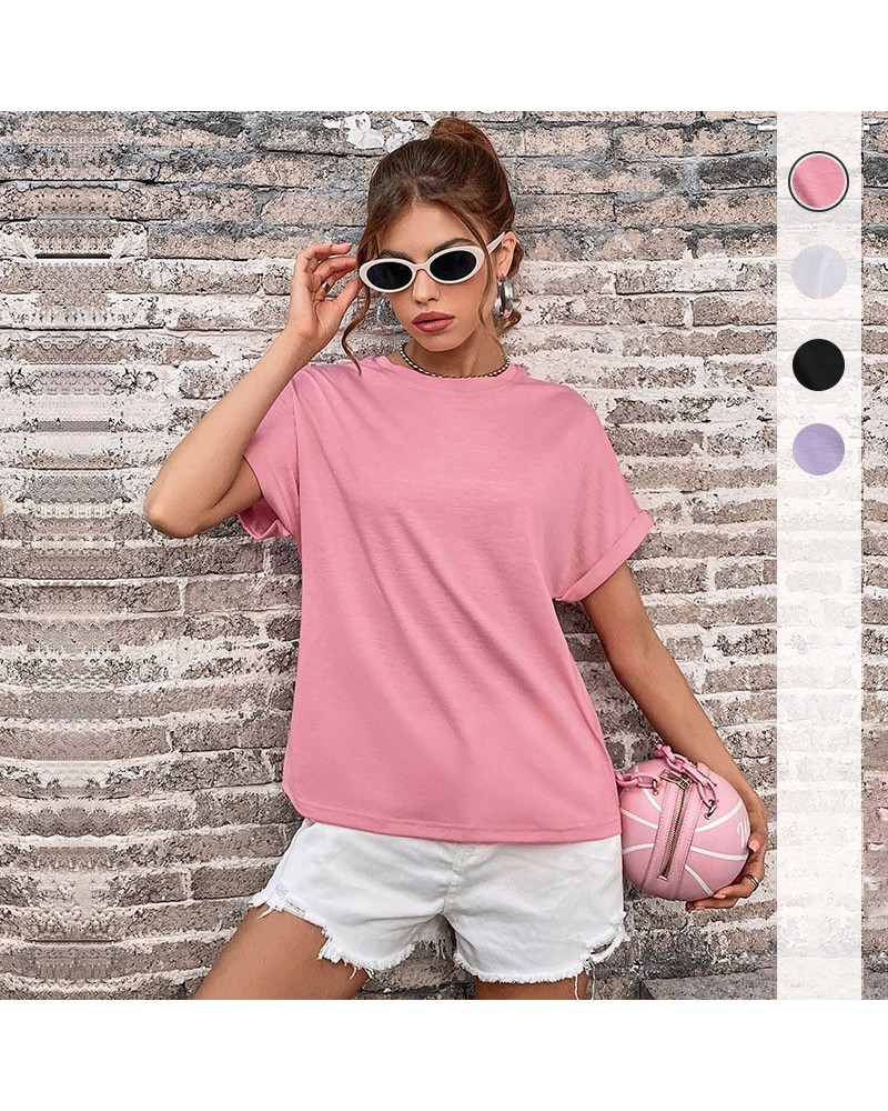 Camiseta básica de color liso de manga corta con cuello redondo para mujer $11.27 Camiseta femenina