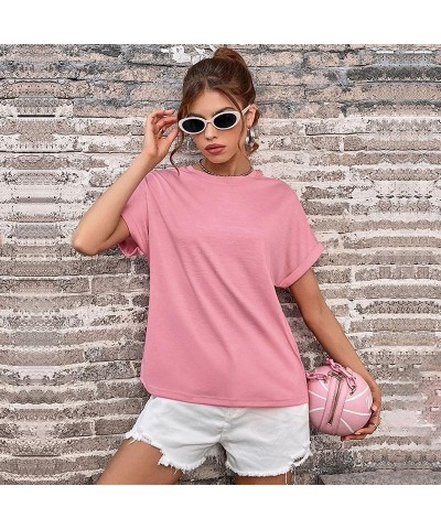 Camiseta básica de color liso de manga corta con cuello redondo para mujer $11.27 Camiseta femenina