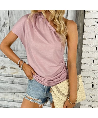 Top casual rosa con hombros descubiertos y un solo hombro $20.67 Camiseta femenina