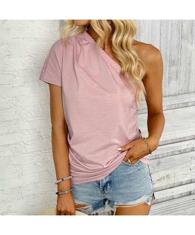 Top casual rosa con hombros descubiertos y un solo hombro $20.67 Camiseta femenina