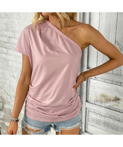 Top casual rosa con hombros descubiertos y un solo hombro $20.67 Camiseta femenina