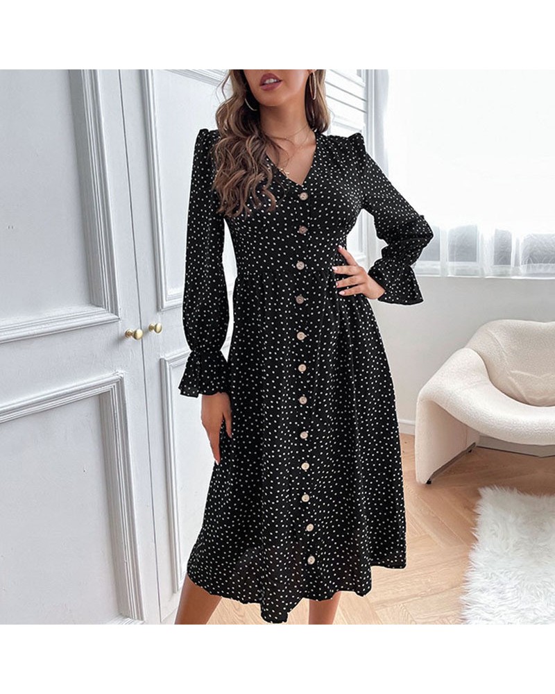 Vestido de manga larga de lunares negros estilo otoño. $42.43 Vestido