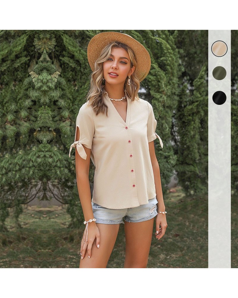 Top con hombros descubiertos, camisa negra de manga corta con solapa y lazo hueco de color liso $28.39 Camisa de mujer