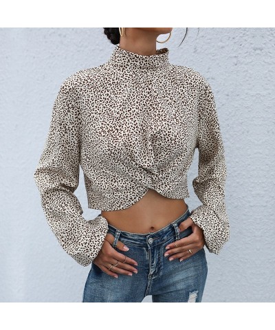 Elegante top corto de manga larga con cuello alto y estampado de leopardo $26.17 Camisa de mujer