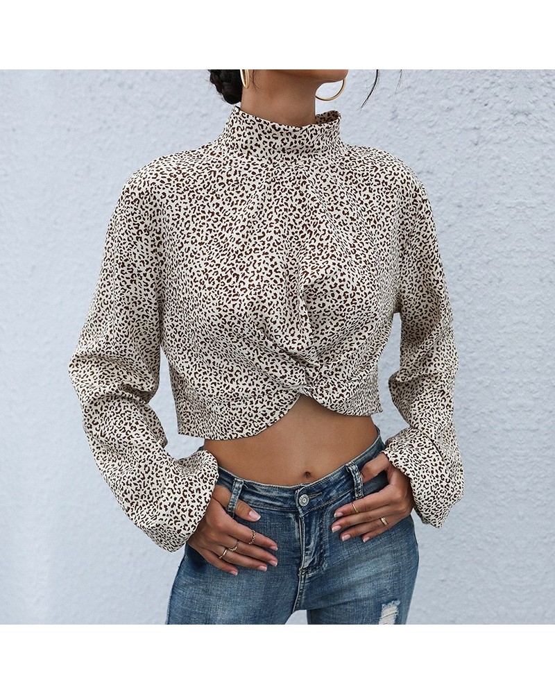 Elegante top corto de manga larga con cuello alto y estampado de leopardo $26.17 Camisa de mujer