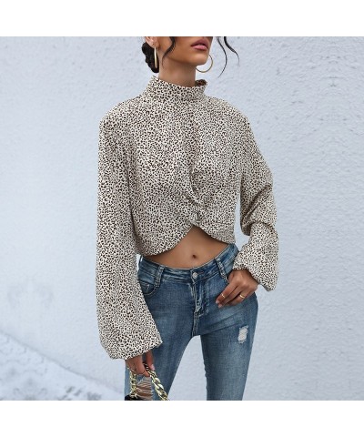 Elegante top corto de manga larga con cuello alto y estampado de leopardo $26.17 Camisa de mujer