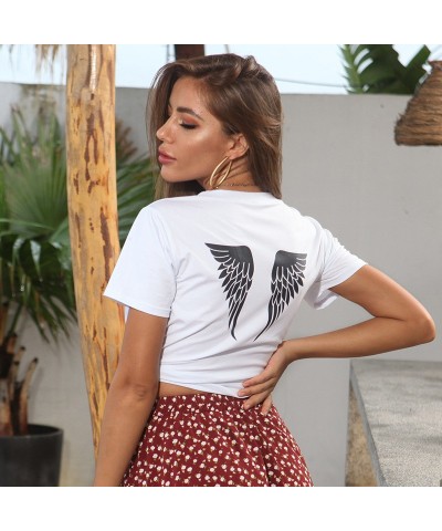 Camiseta blanca con estampado de letras de ángel y cuello redondo y manga corta $12.64 Camiseta femenina