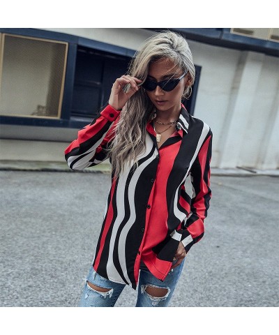 Camisa a rayas con solapa de manga larga y longitud media de moda $33.10 Camisa de mujer