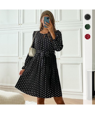 Vestido retro de manga larga con cuello redondo plisado de otoño e invierno de lunares $38.61 Vestido