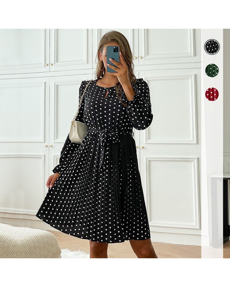 Vestido retro de manga larga con cuello redondo plisado de otoño e invierno de lunares $38.61 Vestido