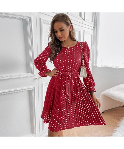 Vestido retro de manga larga con cuello redondo plisado de otoño e invierno de lunares $38.61 Vestido