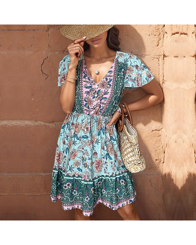 vestido bohemio con cuello en v $36.89 Vestido