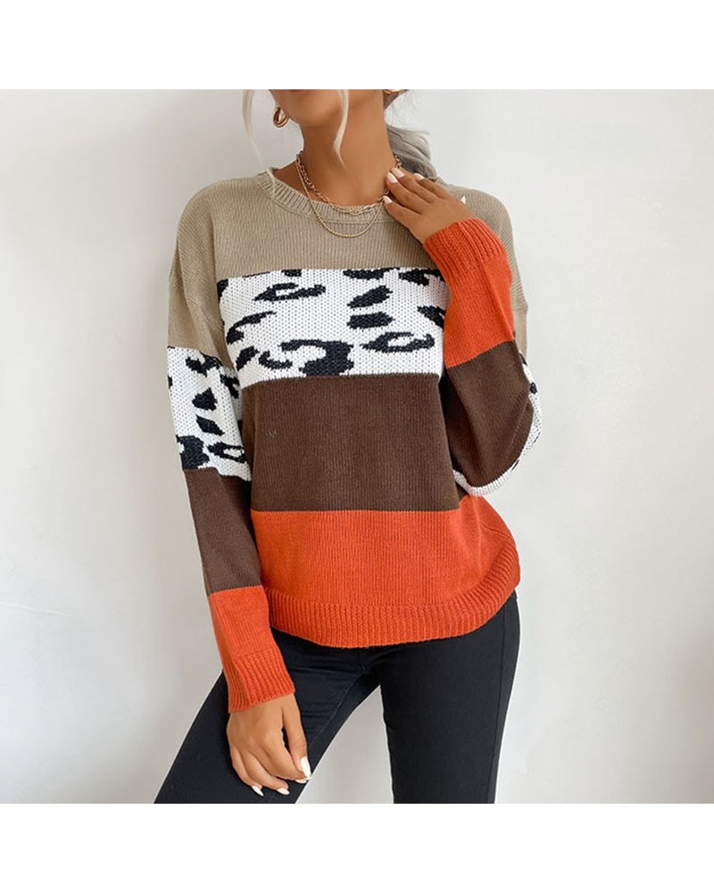 Suéter exterior informal de manga larga con bloques de color y estampado de leopardo $28.60 Suéter femenino