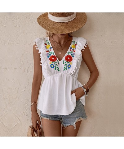 Elegante camisa blanca sin mangas bordada $34.48 Camisa de mujer