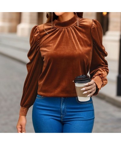 Top de manga larga de terciopelo de color liso $28.73 Camisa de mujer