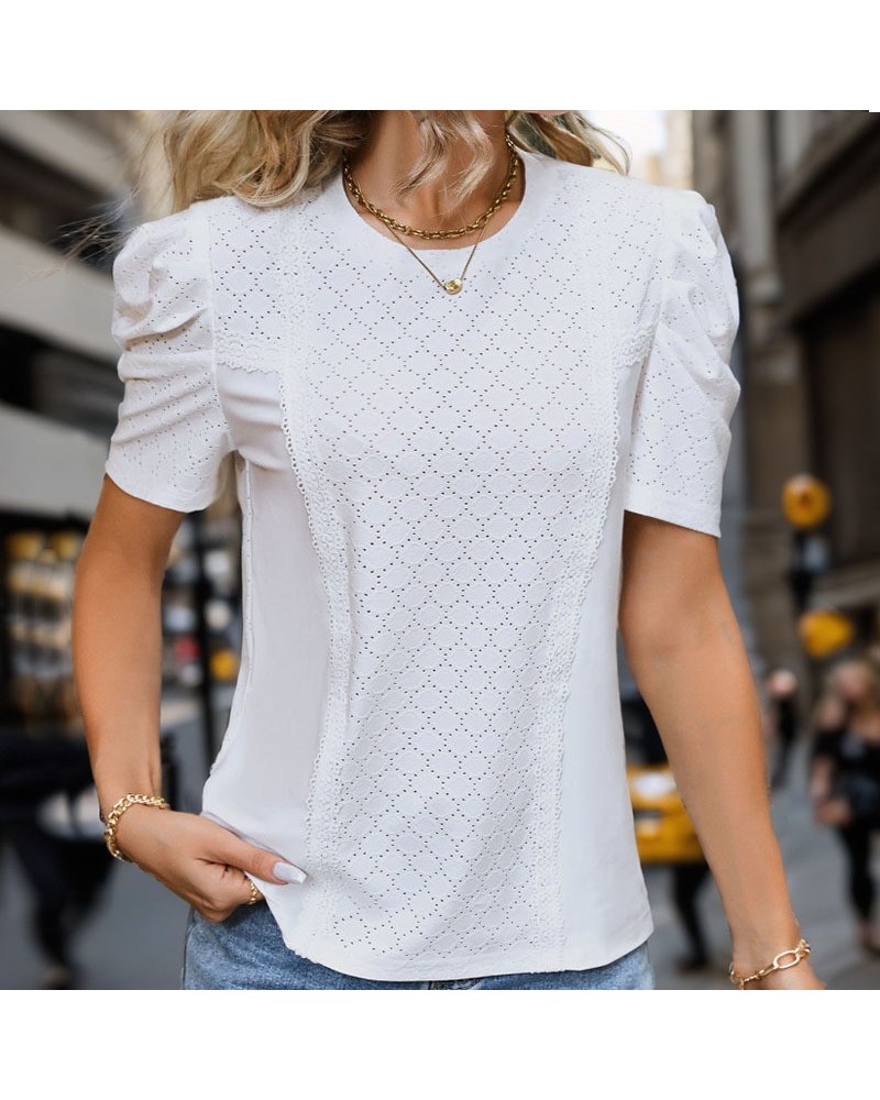 Top textura manga abullonada blanco $22.23 Camiseta femenina