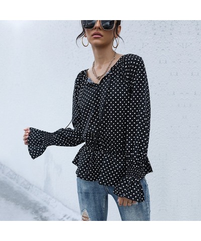 Camisa de manga larga con lunares negros y tiras de moda para primavera $27.85 Camisa de mujer