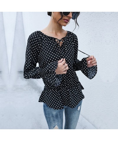 Camisa de manga larga con lunares negros y tiras de moda para primavera $27.85 Camisa de mujer