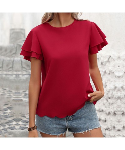 Top de color liso con manga con volantes de doble capa $28.70 Camiseta femenina