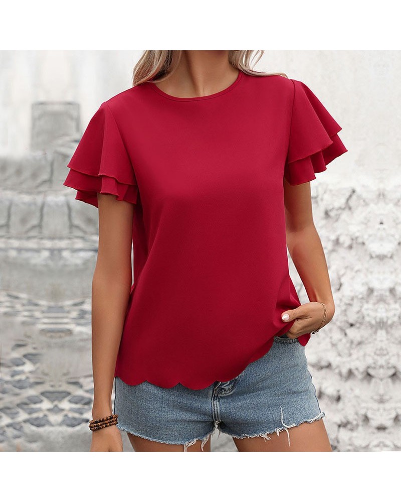 Top de color liso con manga con volantes de doble capa $28.70 Camiseta femenina