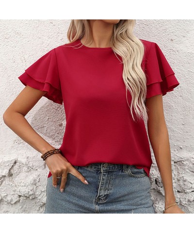 Top de color liso con manga con volantes de doble capa $28.70 Camiseta femenina