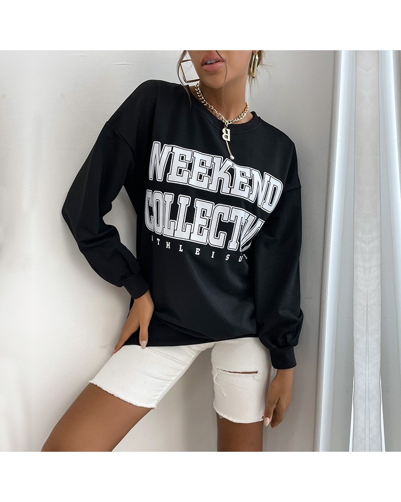 Sudadera de manga larga con cuello redondo y letras $25.38 Suéteres y suéteres para mujeres