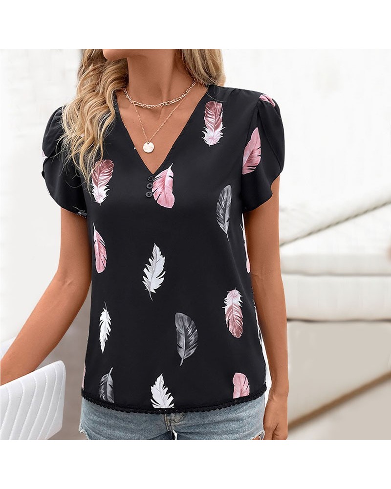 camisa con cuello en V y estampado de plumas $22.24 Camisa de mujer